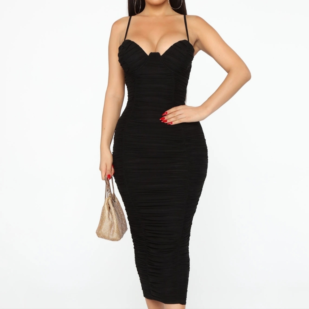 Ruched Black Midi Dress with Spaghetti Straps
